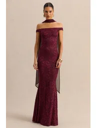 Iselle | Burgundy Lace Bardot-Neck Maxi Dress With Scarf-Detail - 4