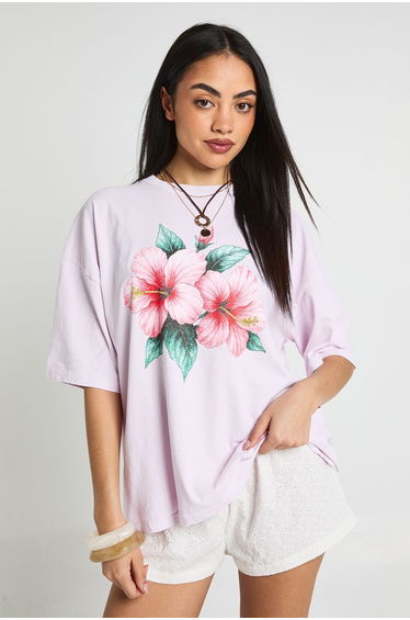 Hibiscus Print Oversized T-Shirt - baby pink