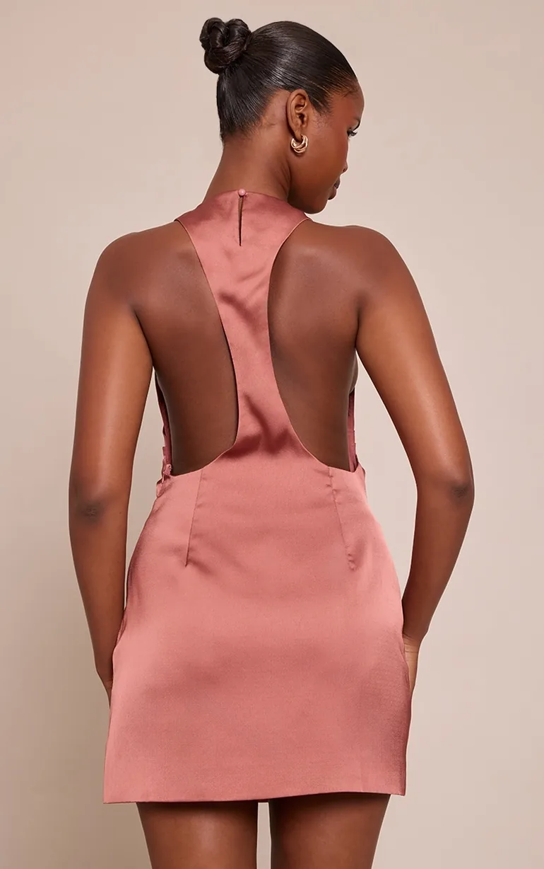 Dusty Pink Satin Halterneck Back Cut Out Shift Dress Prettylittlething :  Party Dresses : VogaCloset Oman