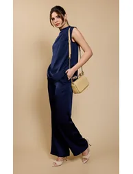 Navy Satin Wide Leg Trousers by Vicky Pattison