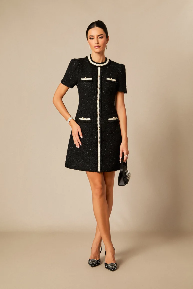 short sleeve tweed dress Sail to Sable NAVY Metallic Shift NAVY / L / H2522 67% Rayon 28% Nylon 5% Spandex Imported Ava Presley 29809 - Short