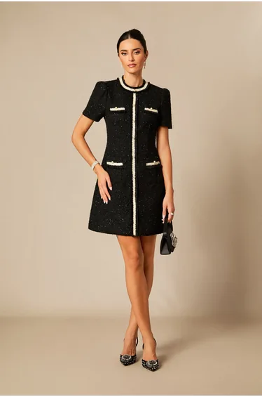 Samantha Contrast Trim Short Sleeve Tweed Mini Dress