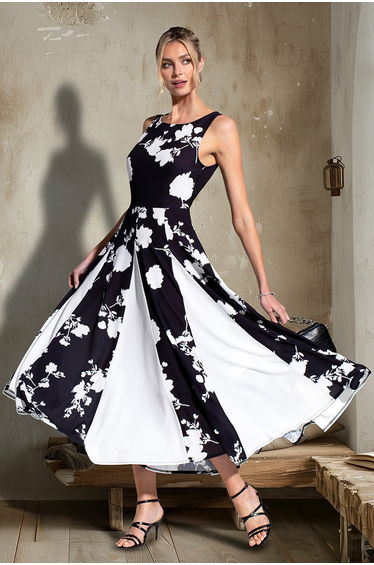 Box Pleat Midi Dress with Contrast Skirt