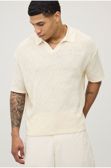 Oversized Boxy Diamond Stitch Knitted Polo - ecru