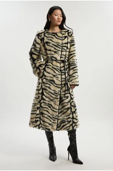 Faux Fur Zebra Collarless Tie Belted Midi Coat