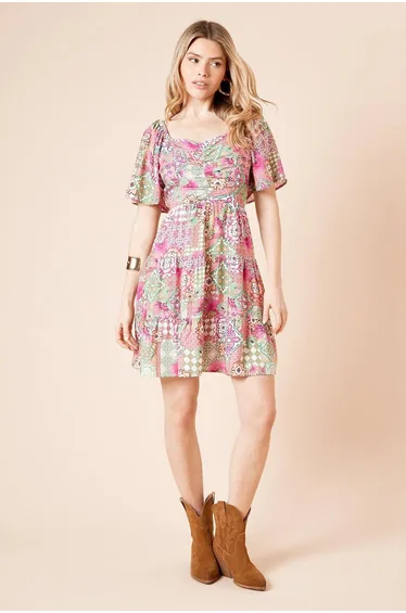 Tile Angel Sleeve Tiered Mini Dress