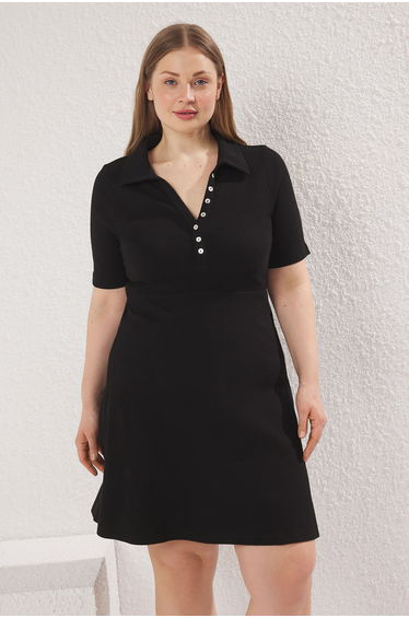 Black Polo Collar Buttoned A-line Camisole Knit Plus Size Dress