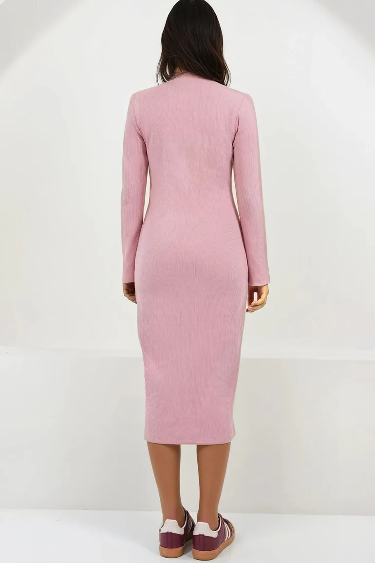 Powder Pink Crew Neck Midi Length Knitted Dress - 3
