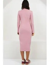 Powder Pink Crew Neck Midi Length Knitted Dress - 3