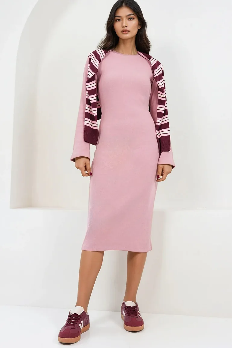 Powder Pink Crew Neck Midi Length Knitted Dress - 1