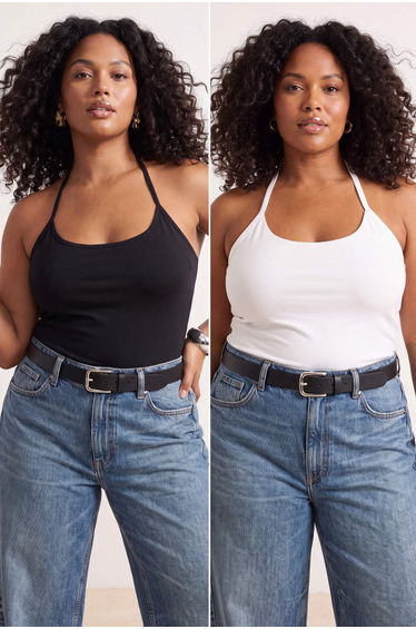 Black-Ecru Halter Neck Stretchy Knitted Plus Size Athlete T-Shirt