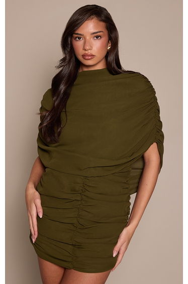 Olive Chiffon Overlay Detail Ruched Mini Dress