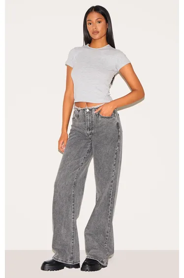 بنطلون جينز بأرجل مستقيمة بخصر غير مدروز لون رمادي - لطويل القامة
