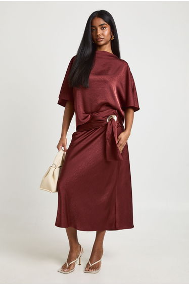 Textured Wrap Satin Midaxi Skirt - terracotta