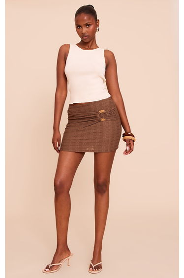 Brown Textured Wooden Trim Mini Skirt