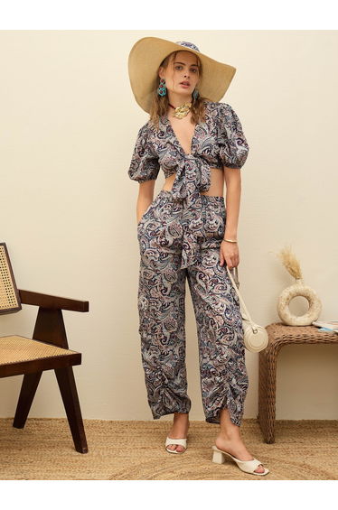 Paisley Print Tie-Front Crop Top and Trousers Co-Ords