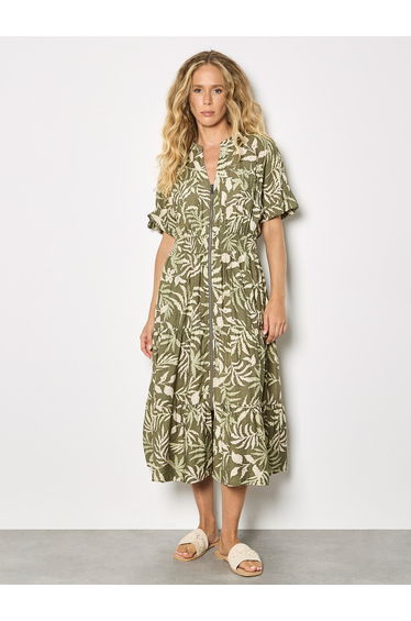 Tropical Leaf Zip-Down Midi Dress
