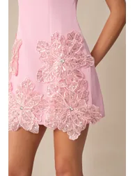 Effortlessly Alluring Pink Sequin Floral Applique Sleeveless Mini Dress - 1