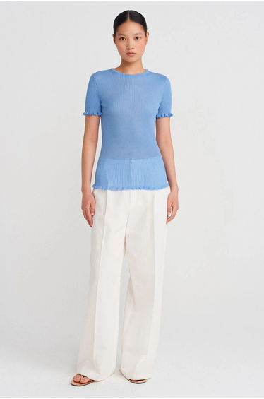 Dilvin Slim Fit Ribbed Frill Blouse