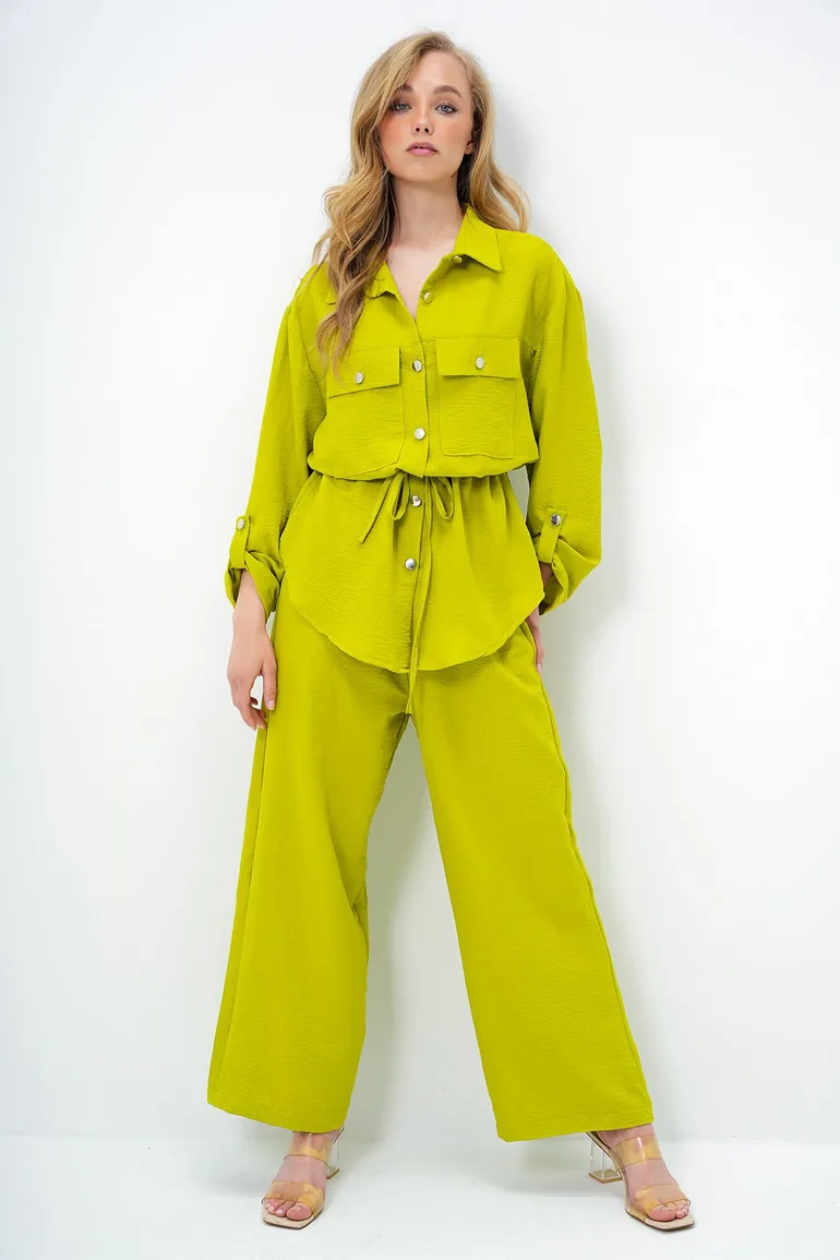 Women's Oil Green Double Pocket Safari Jacket and Wide Leg Aerobin Pants Suit with Elastic Waist - 1