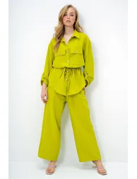 Women's Oil Green Double Pocket Safari Jacket and Wide Leg Aerobin Pants Suit with Elastic Waist - 1