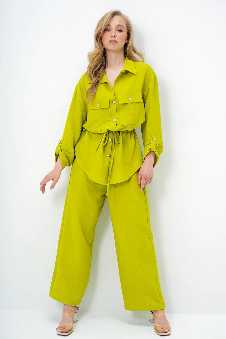 Women's Oil Green Double Pocket Safari Jacket and Wide Leg Aerobin Pants Suit with Elastic Waist - 3