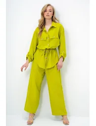 Women's Oil Green Double Pocket Safari Jacket and Wide Leg Aerobin Pants Suit with Elastic Waist - 3