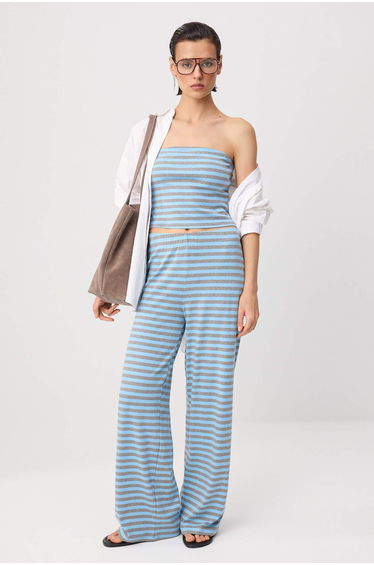 Multi-Colored Striped Fitted/Wide Leg Soft Knitted Top and Bottom Set