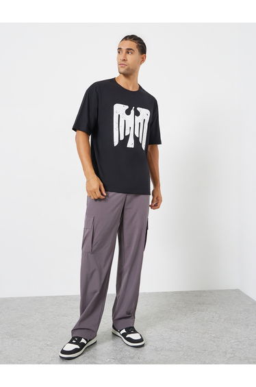 Black Graphic Print Oversized Crew Neck T-Shirt