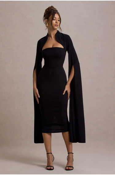 Linden | Black Bodycon Cape-Sleeve Midi Dress