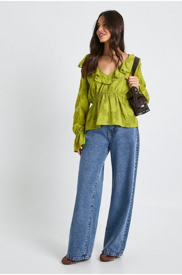Burnout Floral Angel Sleeve Blouse - olive