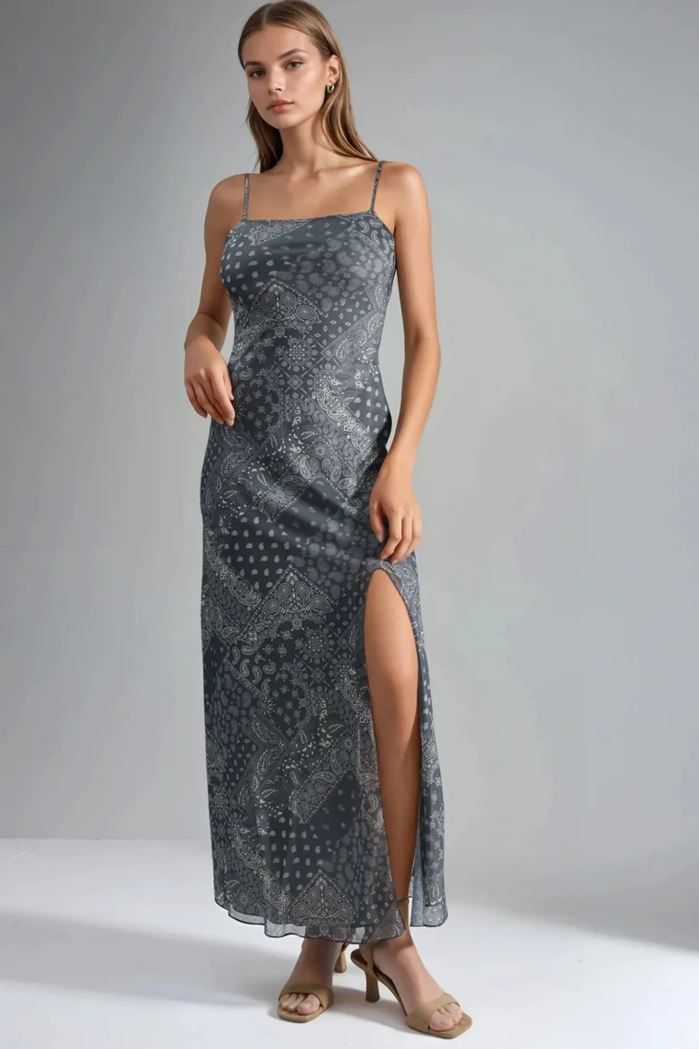 Square Collar Printed Midi Dress