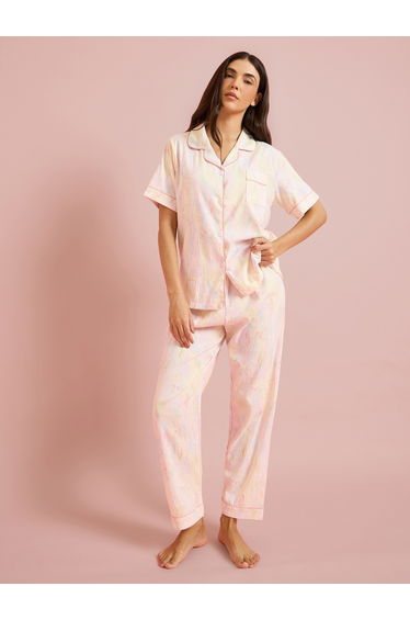 Peach All Over Print Collared Shirt and Pyjama Seyt