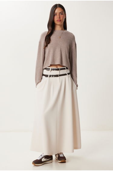 Women's Cream Double Belted Flared Woven Skirt