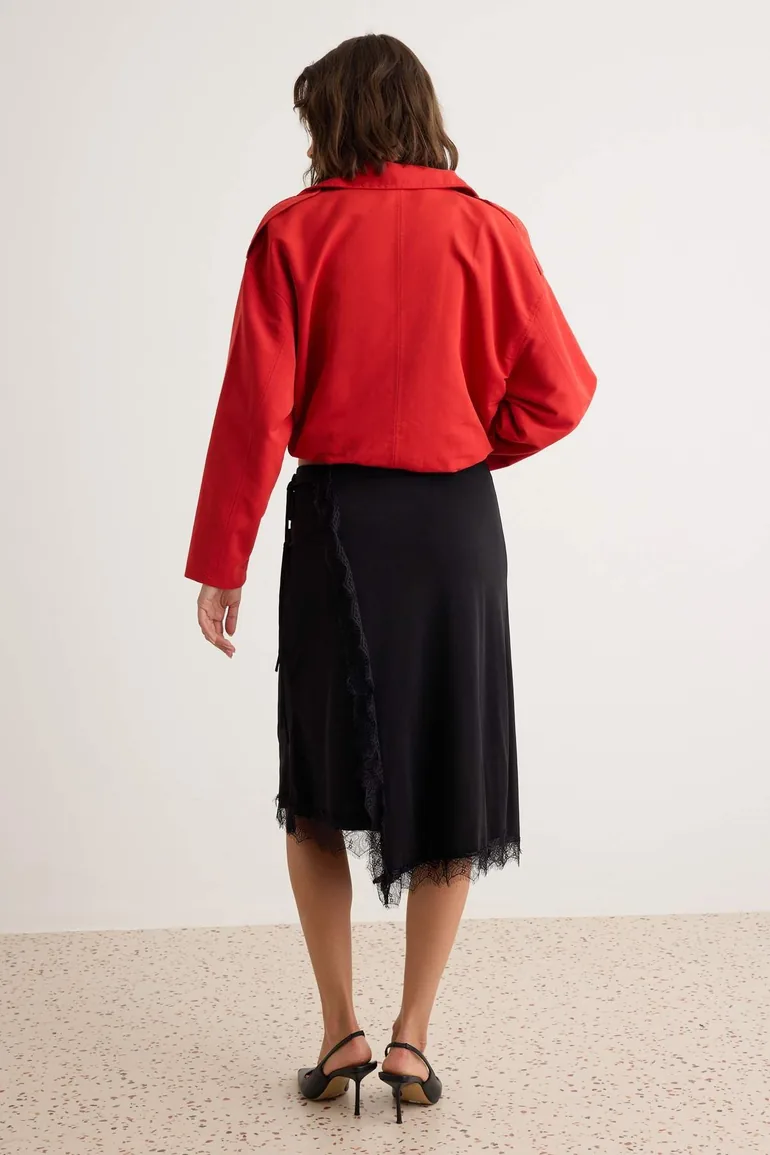 Black Lace Detailed A-Cut/ Bell Form Normal Waist Midi Sandy Knitted Skirt - 3