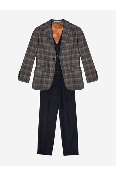 Boys Check 3 Piece Suit in Brown