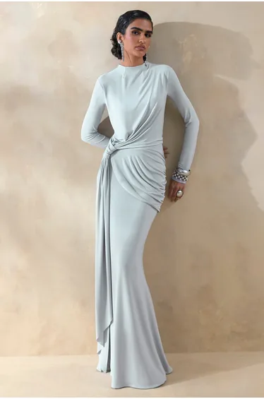 Kyrissa | Blue High-Neck Maxi Dress With Gathered-Detailing