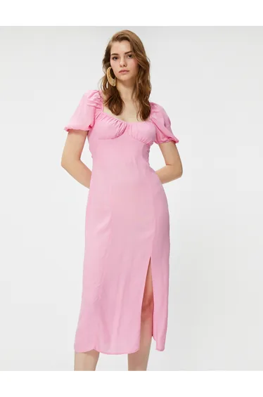Gimped Balloon Sleeve Slit Midi Dress