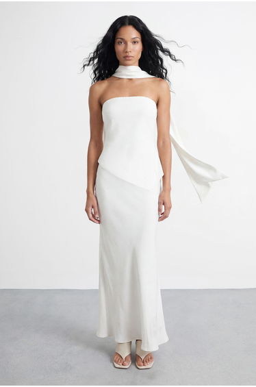 Strapless Structured Bodice Satin Maxi Dress