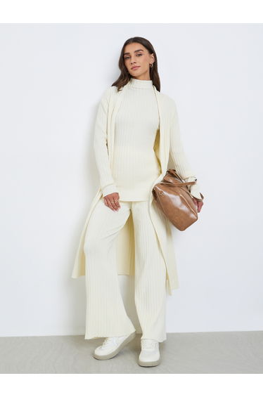 Set of 3 - Ribbed Knit Top, Cardigan and Pants