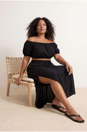 Beach Wear Black Woven Midi Length High Waist Blouse-Skirt Set