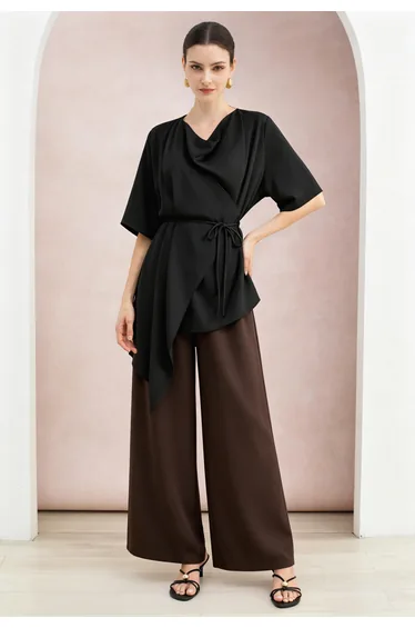 Satin Finish Pull-On Pants in Brown for Office & Business Lunches