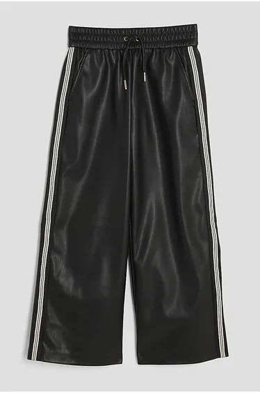 Girls Black Faux Leather Stripe Wide Trousers
