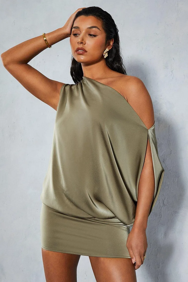 satin off shoulder asymmetric bodycon mini dress Bronze MissPap Satin Asymmetric Off Shoulder Tie Skirt Mini Dress