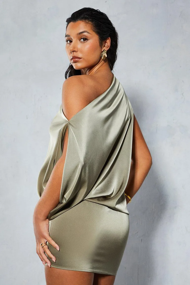satin off shoulder asymmetric bodycon mini dress Off The Shoulder Draped Asymmetric Mini Dress In Brown | EGO US