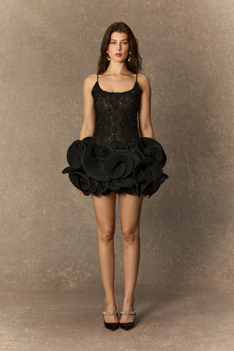 Show Stopping Black 3D Floral Embellished Lace Mini Dress Sunfere Black :  Premium Dresses : VogaCloset Bahrain