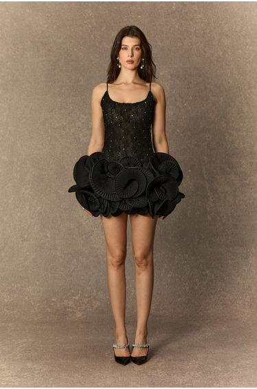 Show Stopping Black 3D Floral Embellished Lace Mini Dress