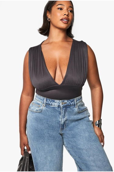 Plus Wide Plunge Bodysuit - charcoal