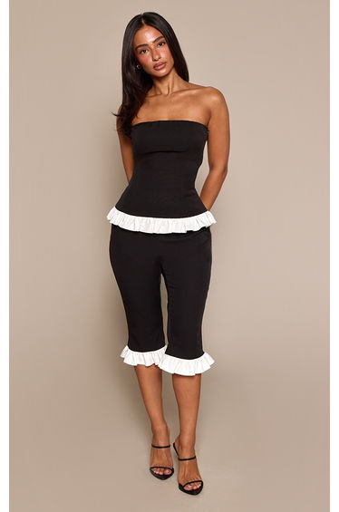Petite Black Contrast Frill Hem Capri Pants