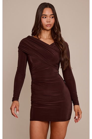 Chocolate Slinky Wrap Off The Shoulder Mini Dress